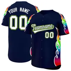 Navy Graffiti Multicolored Flames Print Baseball Jersey 1