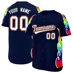 Navy Graffiti Multicolored Flames Print Baseball Jersey 1