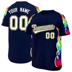 Navy Graffiti Multicolored Flames Print Baseball Jersey 1