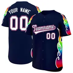 Navy Graffiti Multicolored Flames Print Baseball Jersey 1