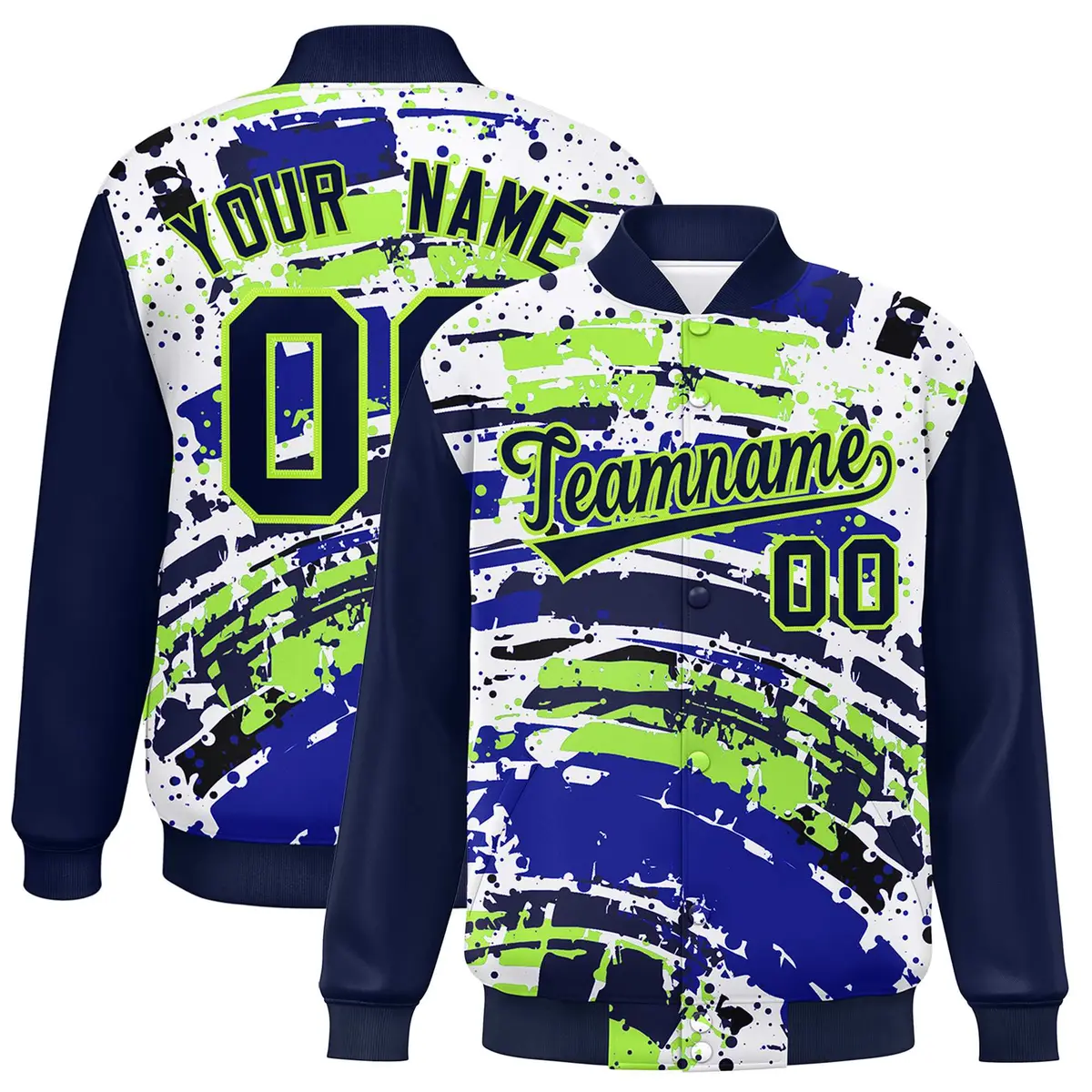 Navy Graffiti Pattern Varsity Full-Snap Letterman Baseball Jacket
