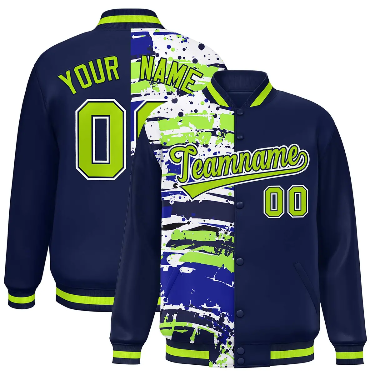 Navy Graffiti Pattern Varsity Full-Snap Letterman Baseball Jacket