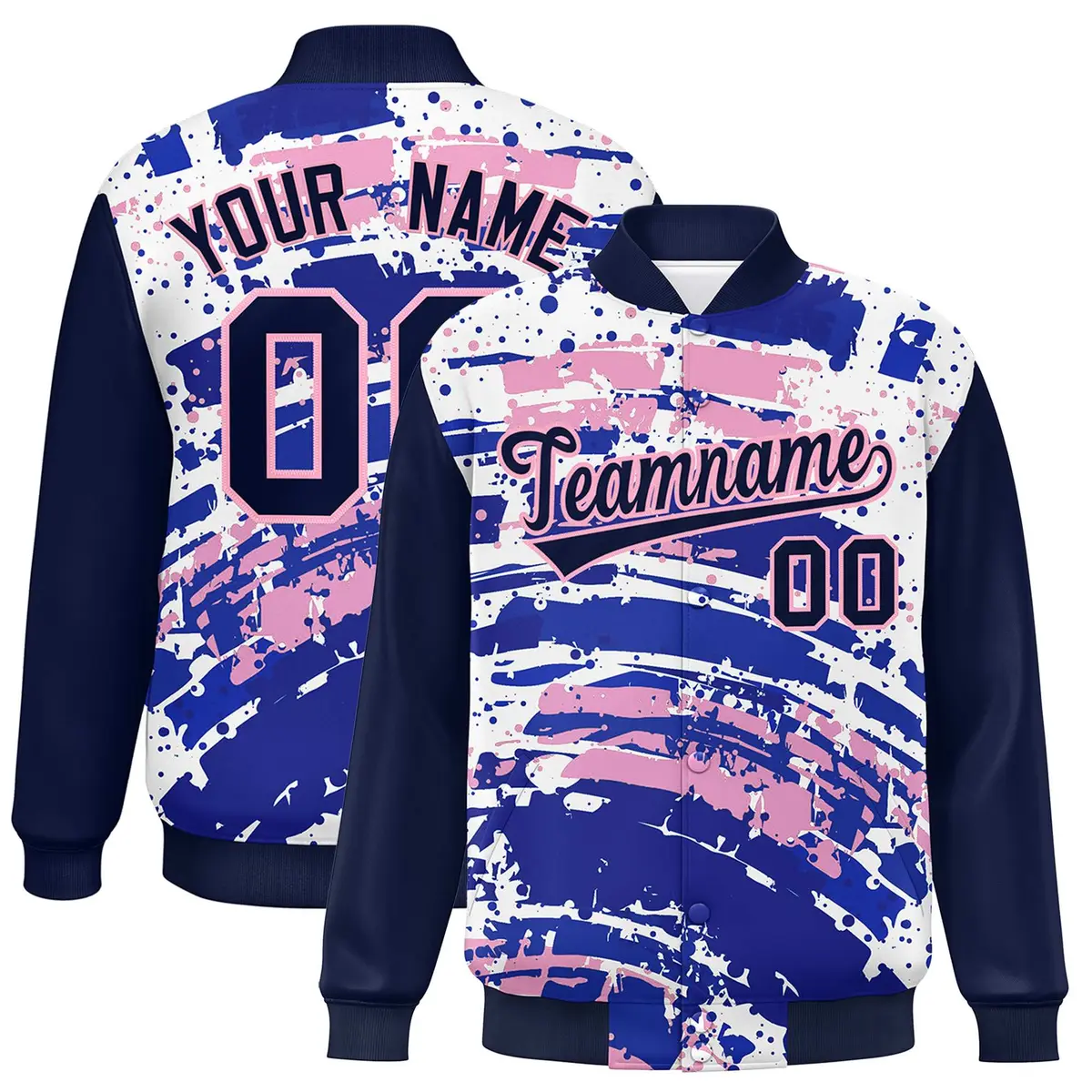 Navy Graffiti Pattern Varsity Full-Snap Letterman Baseball Jacket