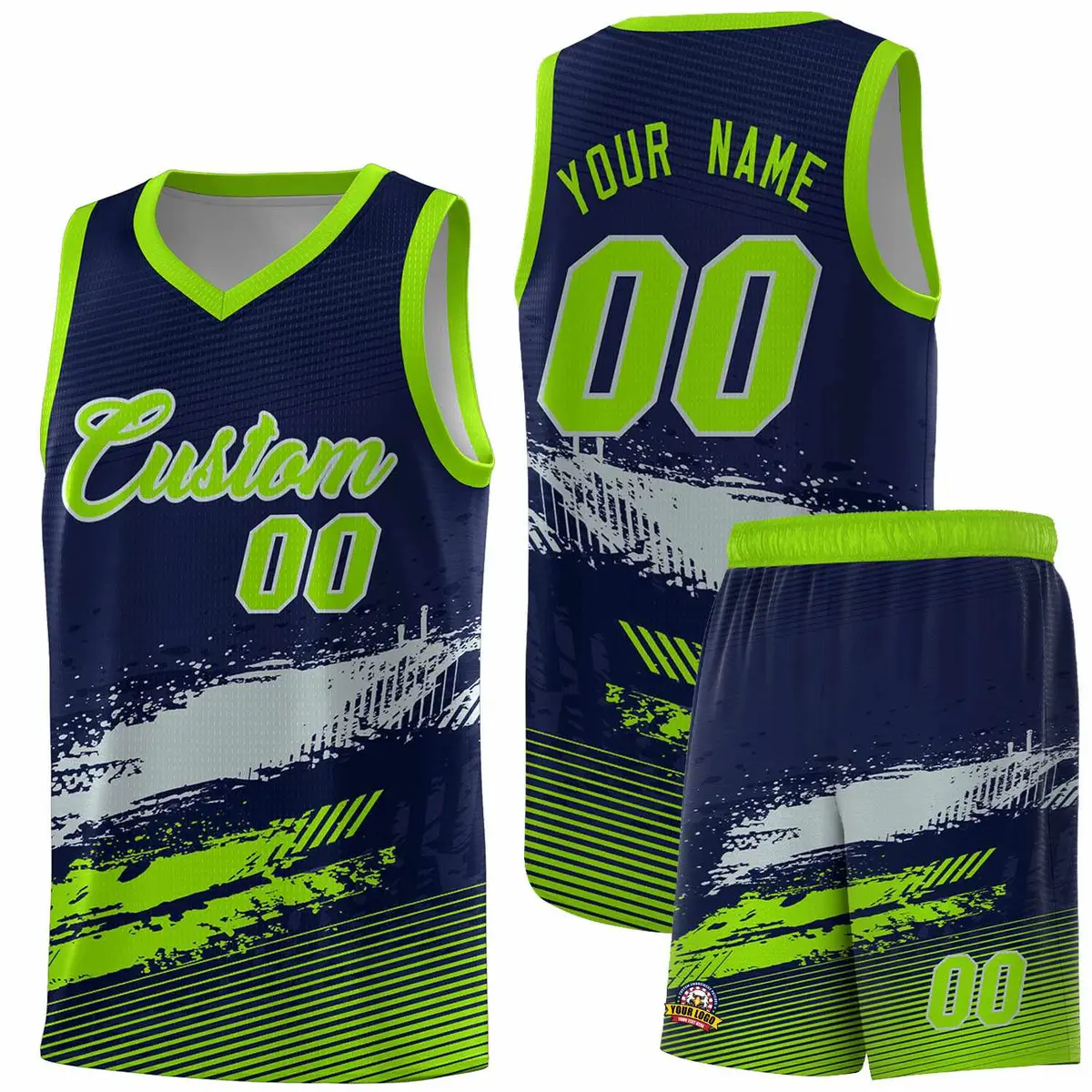 Navy Gray and Neon Green Graffiti Basketball Jersey