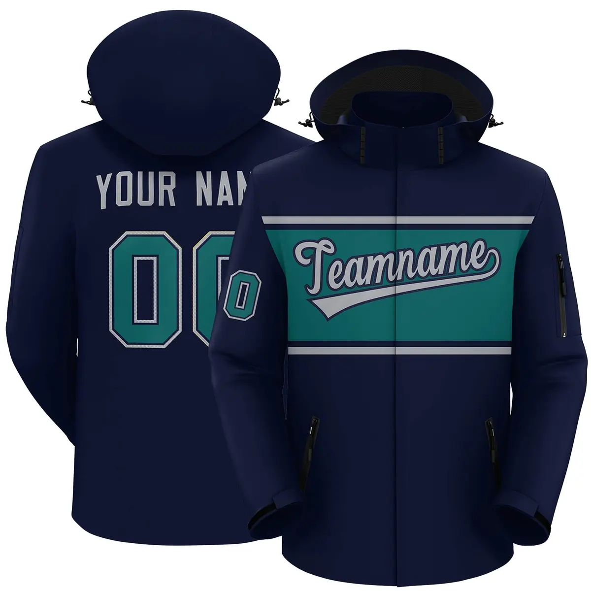 Navy Gray-Aqua Color Block Hooded Waterproof Outdoor Jacket