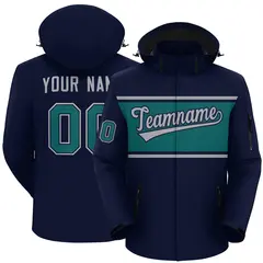 Navy Gray-Aqua Color Block Hooded Waterproof Outdoor Jacket