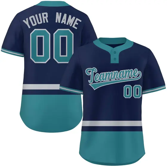 Navy Gray-Aqua Color Block Two-Button Softball Jersey