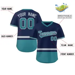Navy Gray-Aqua Color Block V-Neck Pullover Baseball Jersey 2
