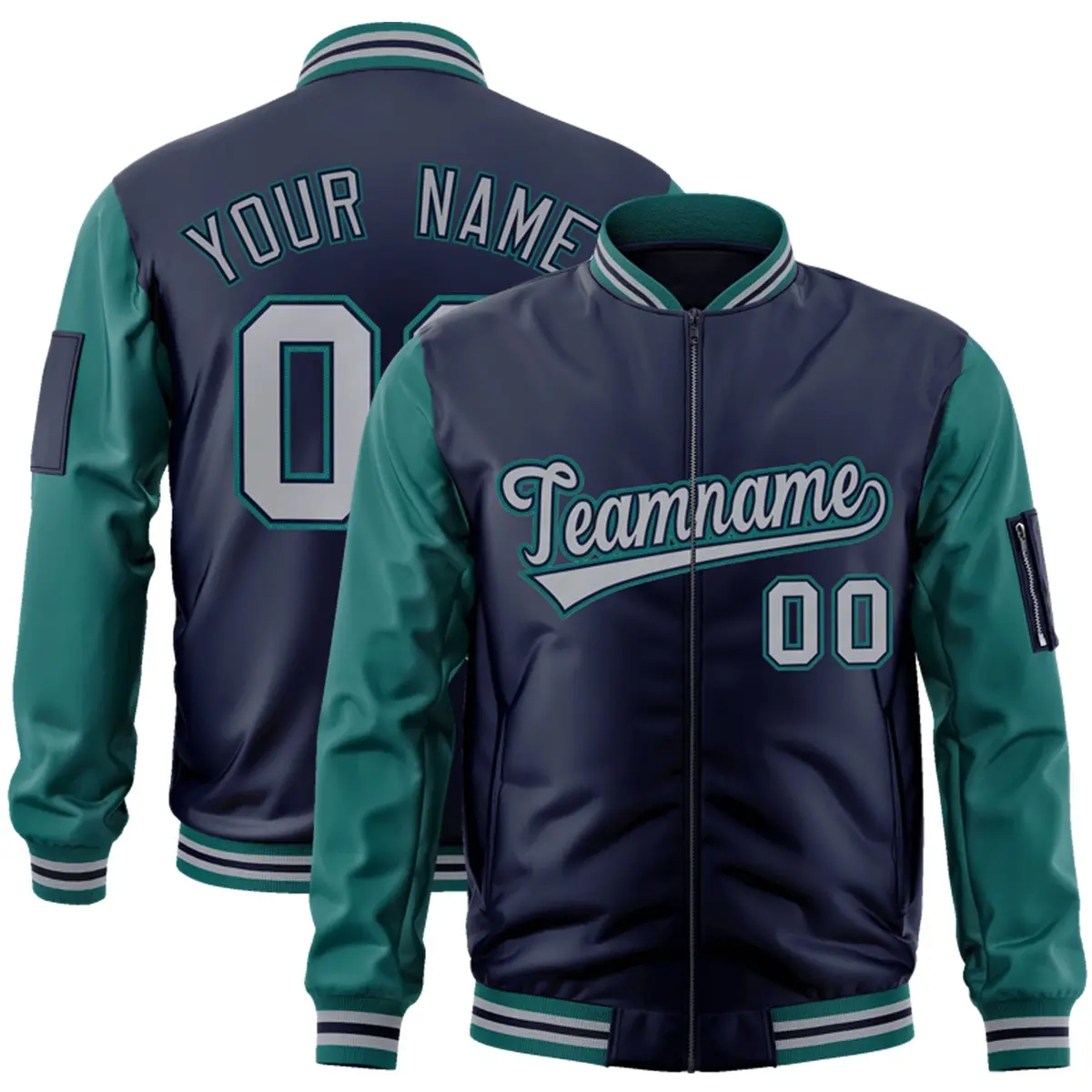 Navy Gray-Aqua Raglan Sleeves Letterman Bomber Jacket