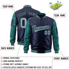 Navy Gray-Aqua Raglan Sleeves Letterman Bomber Jacket 2
