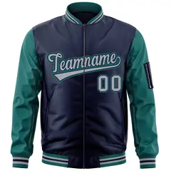 Navy Gray-Aqua Raglan Sleeves Letterman Bomber Jacket 3