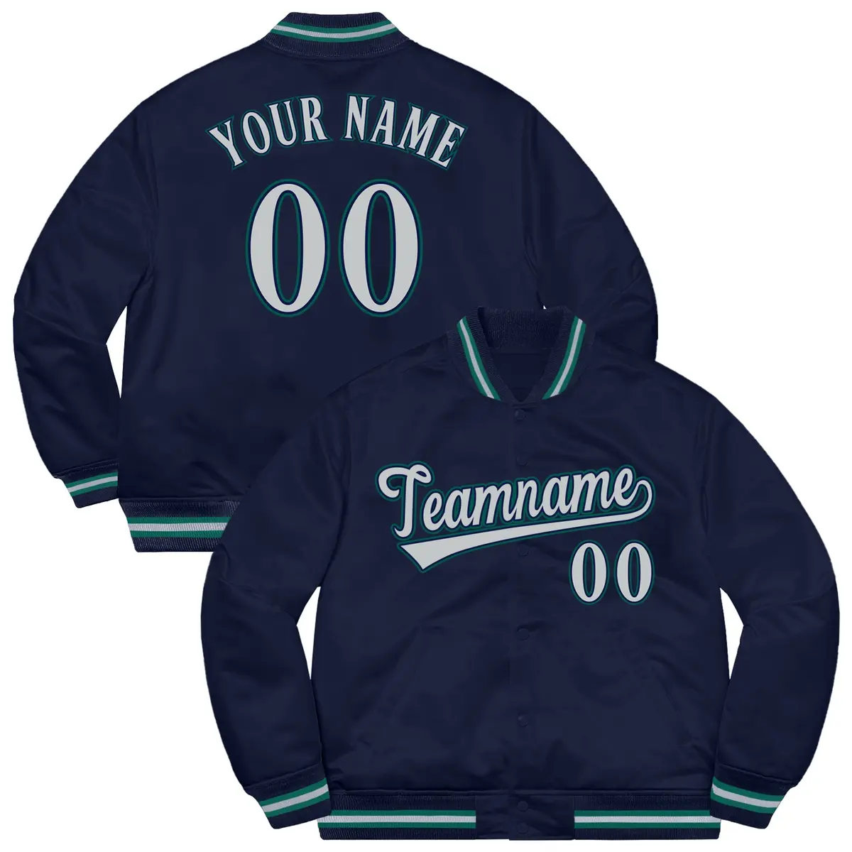 Navy Gray-Aqua Solid Varsity Full-Snap Letterman Jacket