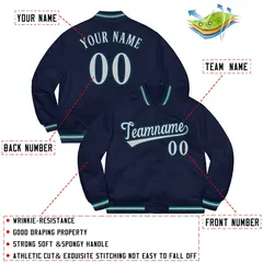Navy Gray-Aqua Solid Varsity Full-Snap Letterman Jacket 2