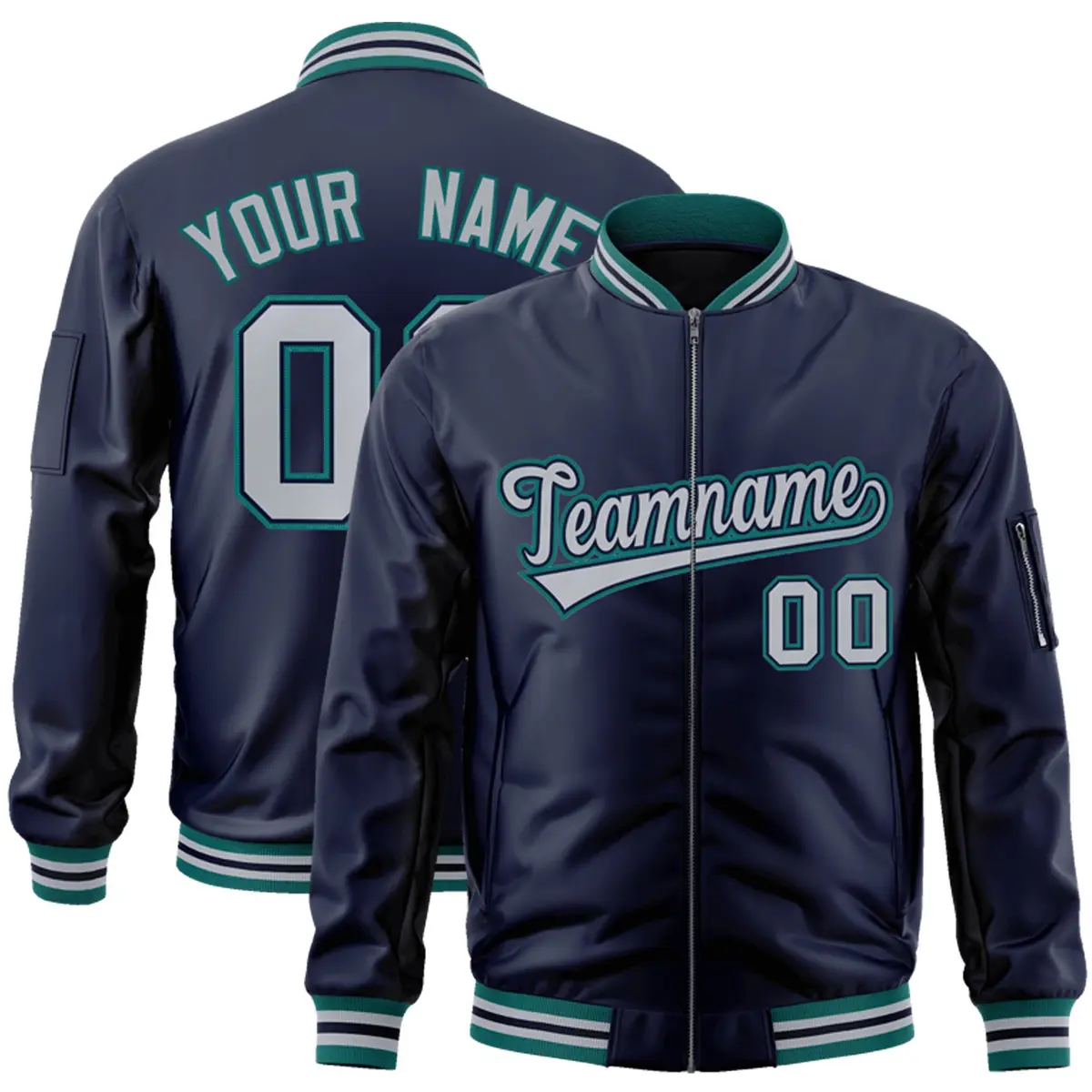 Navy Gray-Aqua Varsity Full-Zip Letterman Bomber Jacket