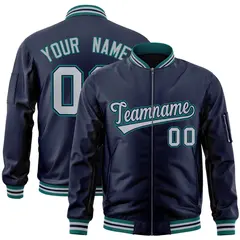 Navy Gray-Aqua Varsity Full-Zip Letterman Bomber Jacket 1