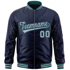 Navy Gray-Aqua Varsity Full-Zip Letterman Bomber Jacket 3
