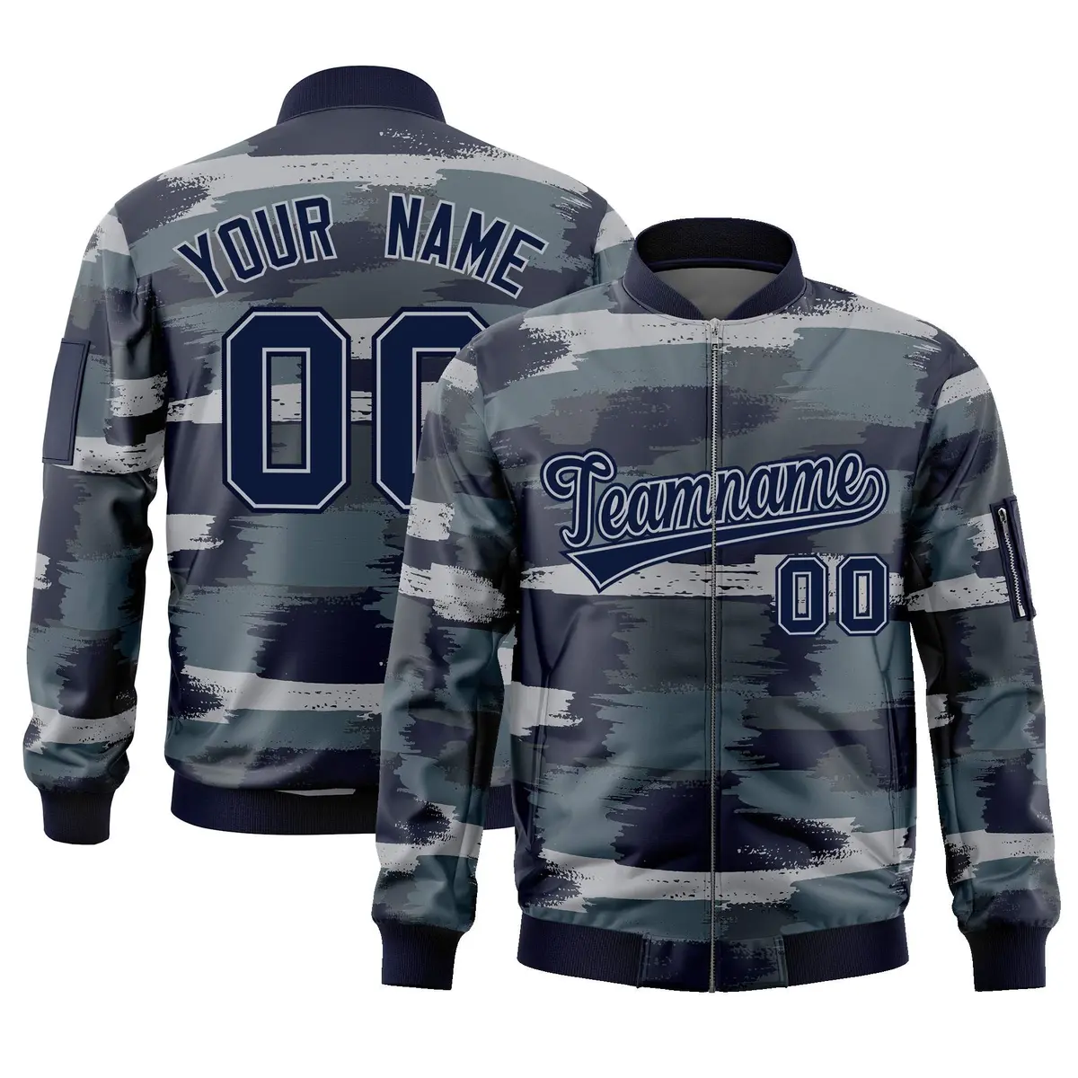 Navy Gray Camo Varsity Full-Zip Letterman Bomber Jacket