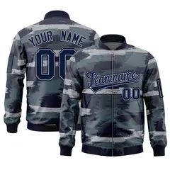 Navy Gray Camo Varsity Full-Zip Letterman Bomber Jacket