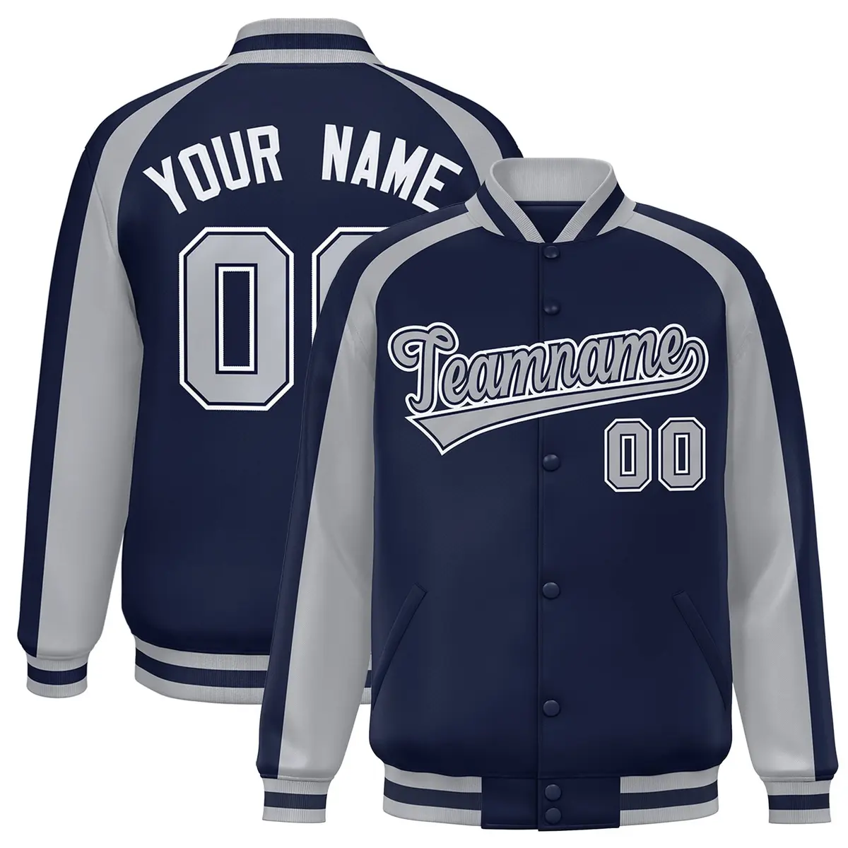 Navy Gray Color Block Raglan Varsity Letterman Jacket