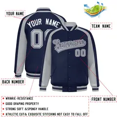 Navy Gray Color Block Raglan Varsity Letterman Jacket 2
