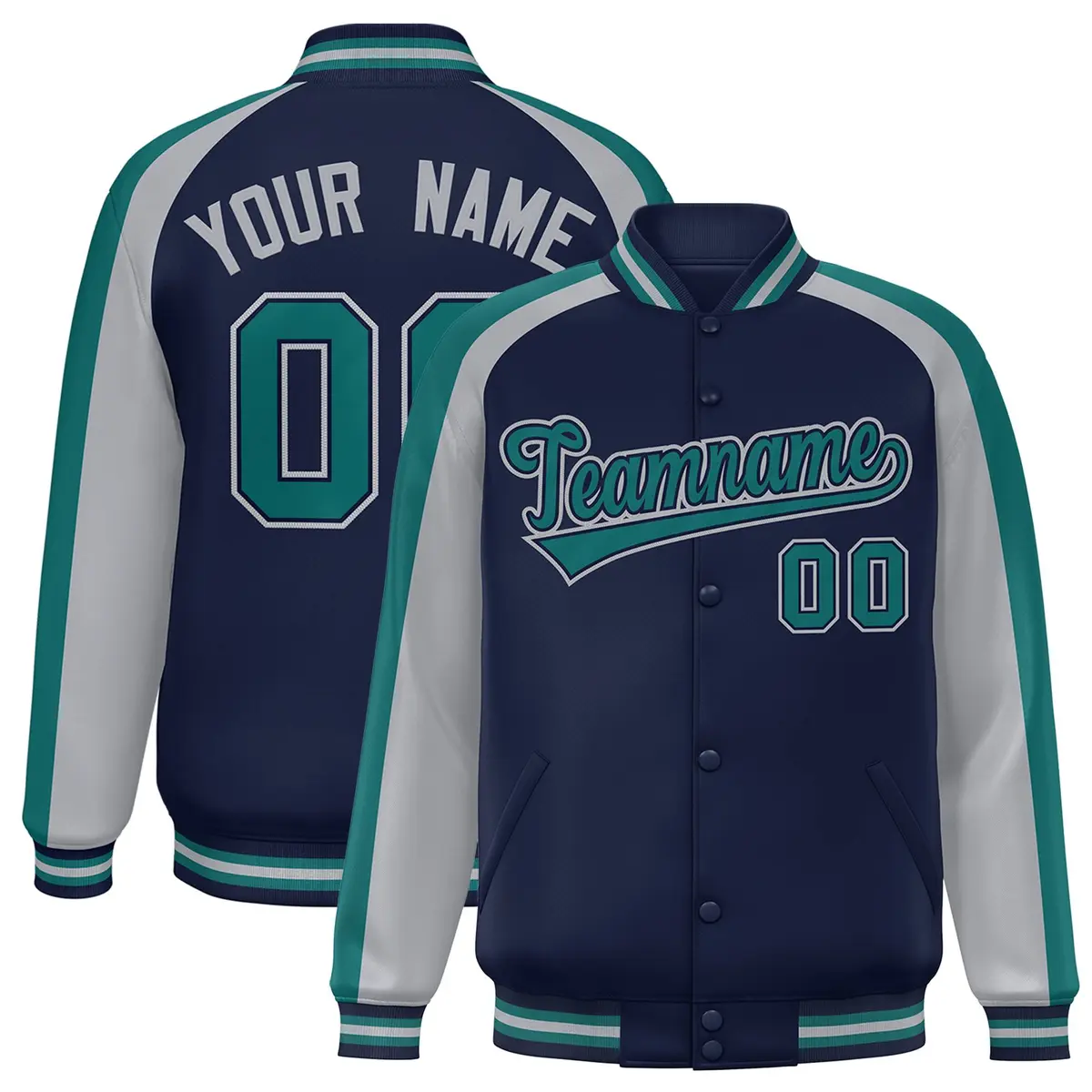 Navy Gray Color Block Raglan Varsity Letterman Jacket