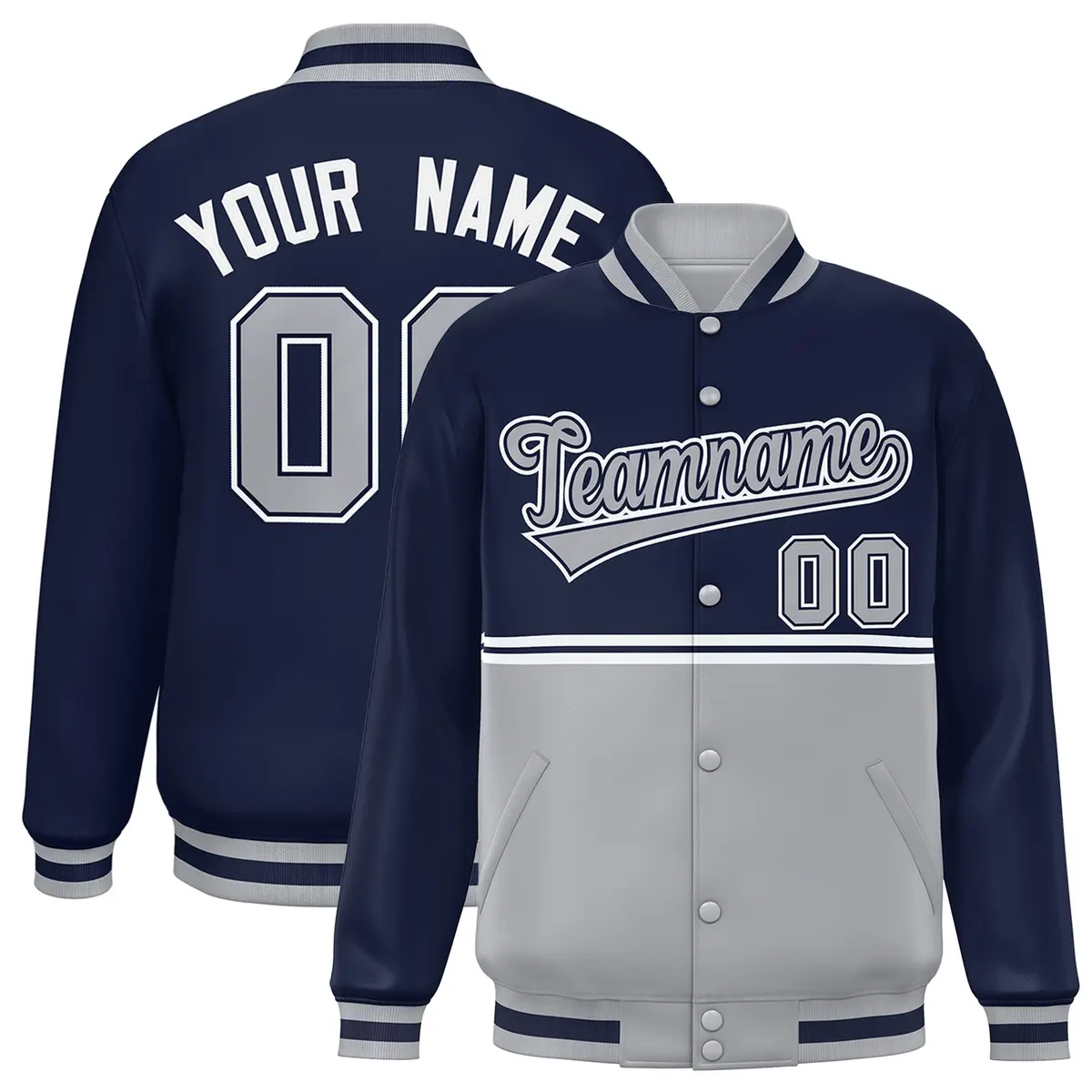 Navy Gray Color Block Varsity Full-Snap Letterman Jacket