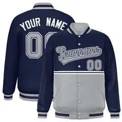 Navy Gray Color Block Varsity Full-Snap Letterman Jacket 1