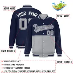 Navy Gray Color Block Varsity Full-Snap Letterman Jacket 2