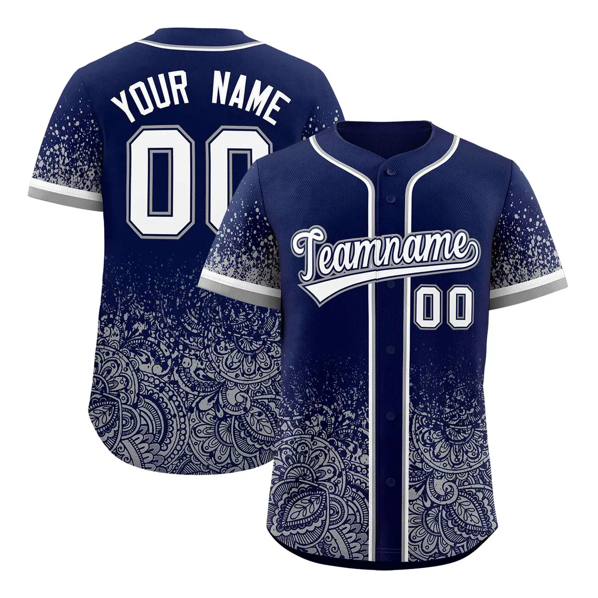 Navy Gray Floral Gradient Full Button Baseball Jersey