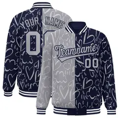 Navy Gray Graffiti Pattern Split Letterman Bomber Baseball Jacket