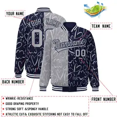 Navy Gray Graffiti Pattern Split Letterman Bomber Baseball Jacket 2