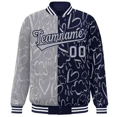 Navy Gray Graffiti Pattern Split Letterman Bomber Baseball Jacket 3