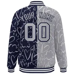 Navy Gray Graffiti Pattern Split Letterman Bomber Baseball Jacket 4