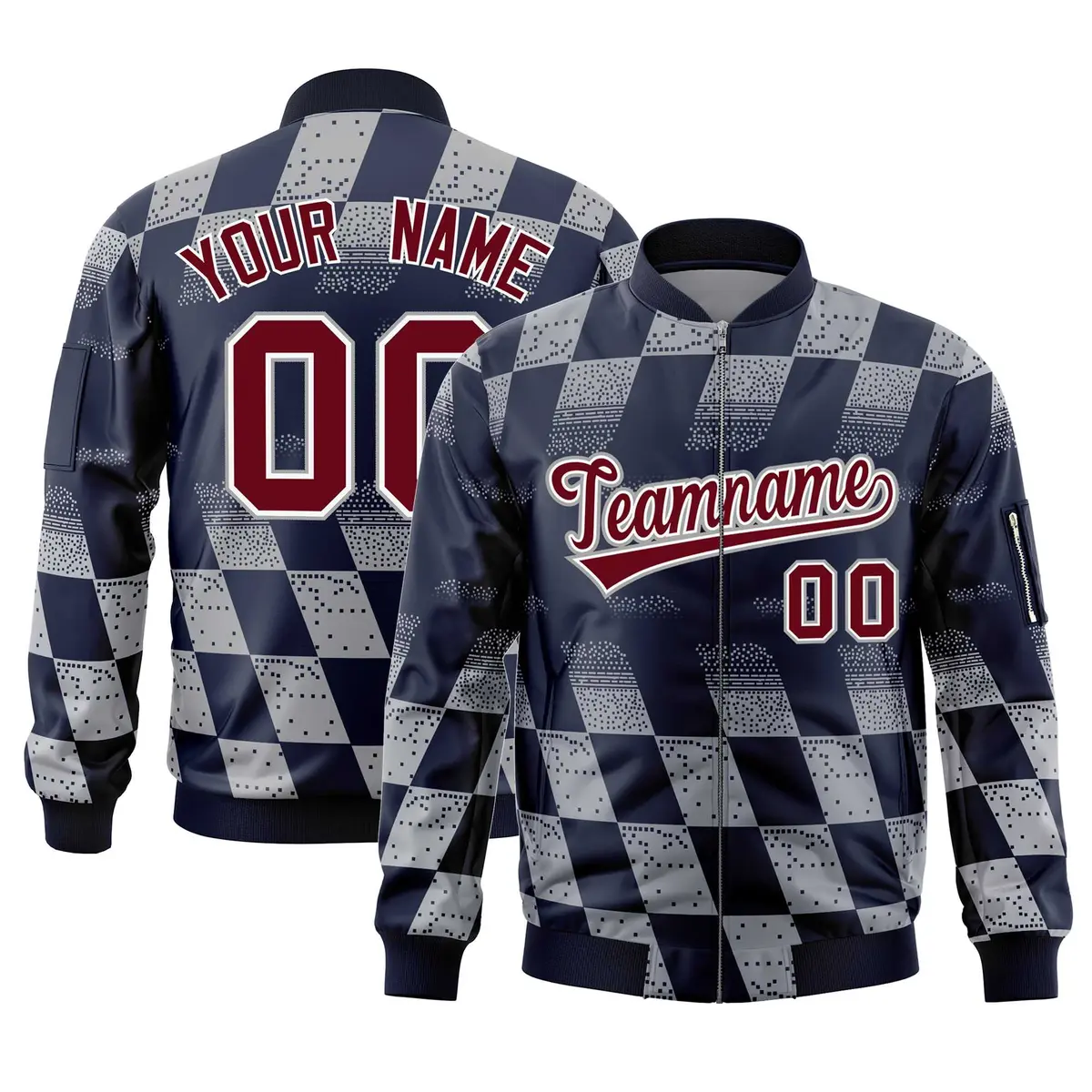 Navy Gray Grid Color Block Letterman Varsity Bomber Jacket