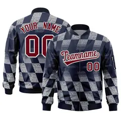 Navy Gray Grid Color Block Letterman Varsity Bomber Jacket