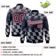 Navy Gray Grid Color Block Letterman Varsity Bomber Jacket 2