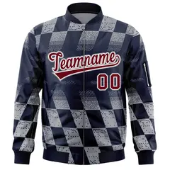 Navy Gray Grid Color Block Letterman Varsity Bomber Jacket 3