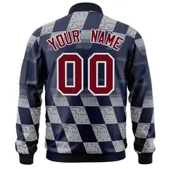 Navy Gray Grid Color Block Letterman Varsity Bomber Jacket 4