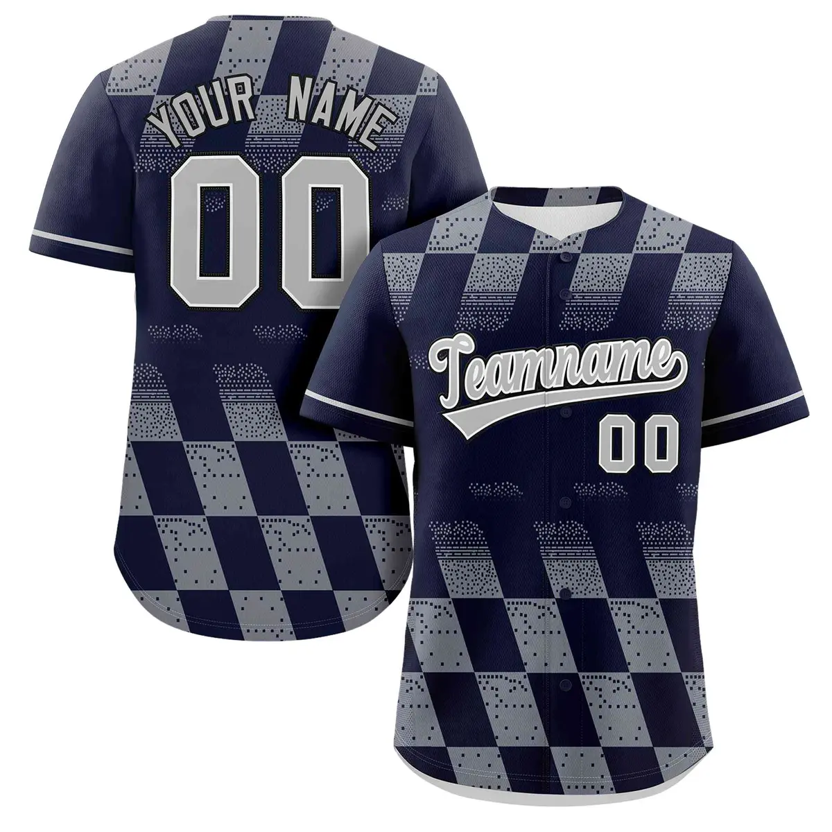 Navy Gray Grid Speckles Color Block Baseball Jersey