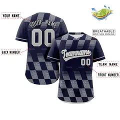 Navy Gray Grid Speckles Color Block Baseball Jersey 2