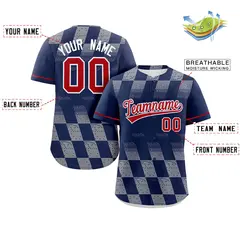 Navy Gray Grid Speckles Color Block Baseball Jersey 2