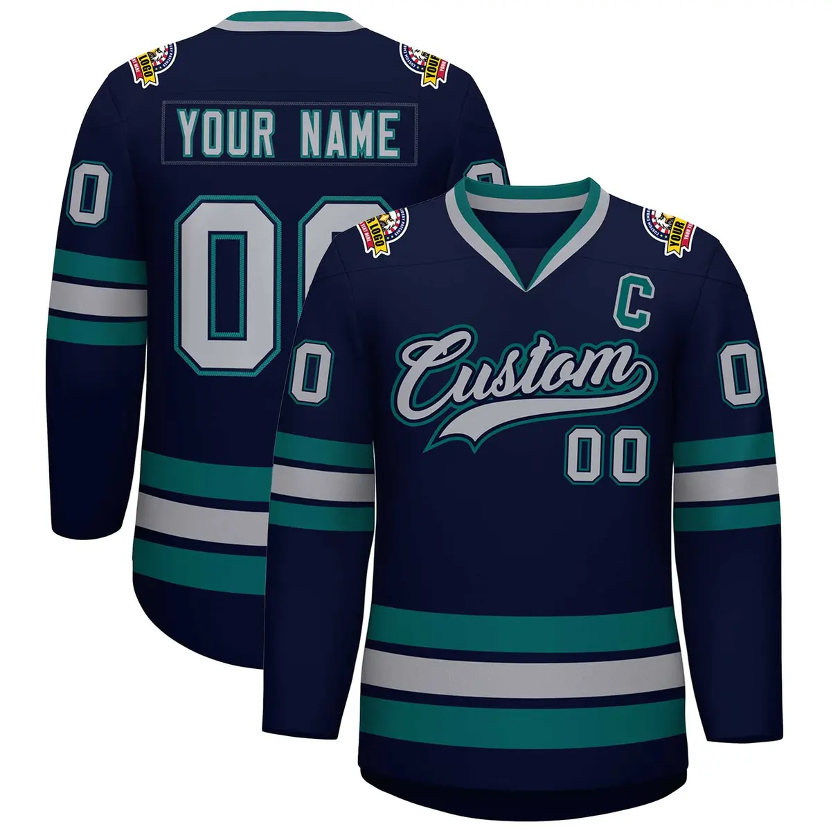Navy Gray Navy-Aqua Classic Hockey Jersey