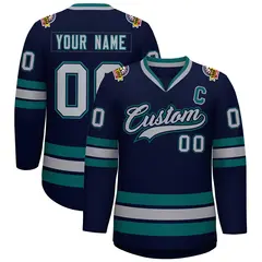 Navy Gray Navy-Aqua Classic Hockey Jersey