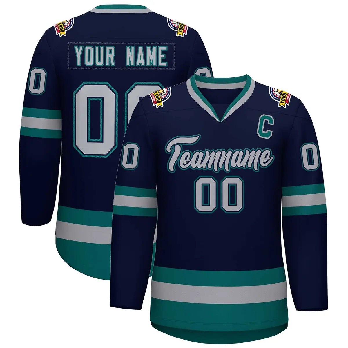 Navy Gray Navy-Aqua Classic Hockey Jersey