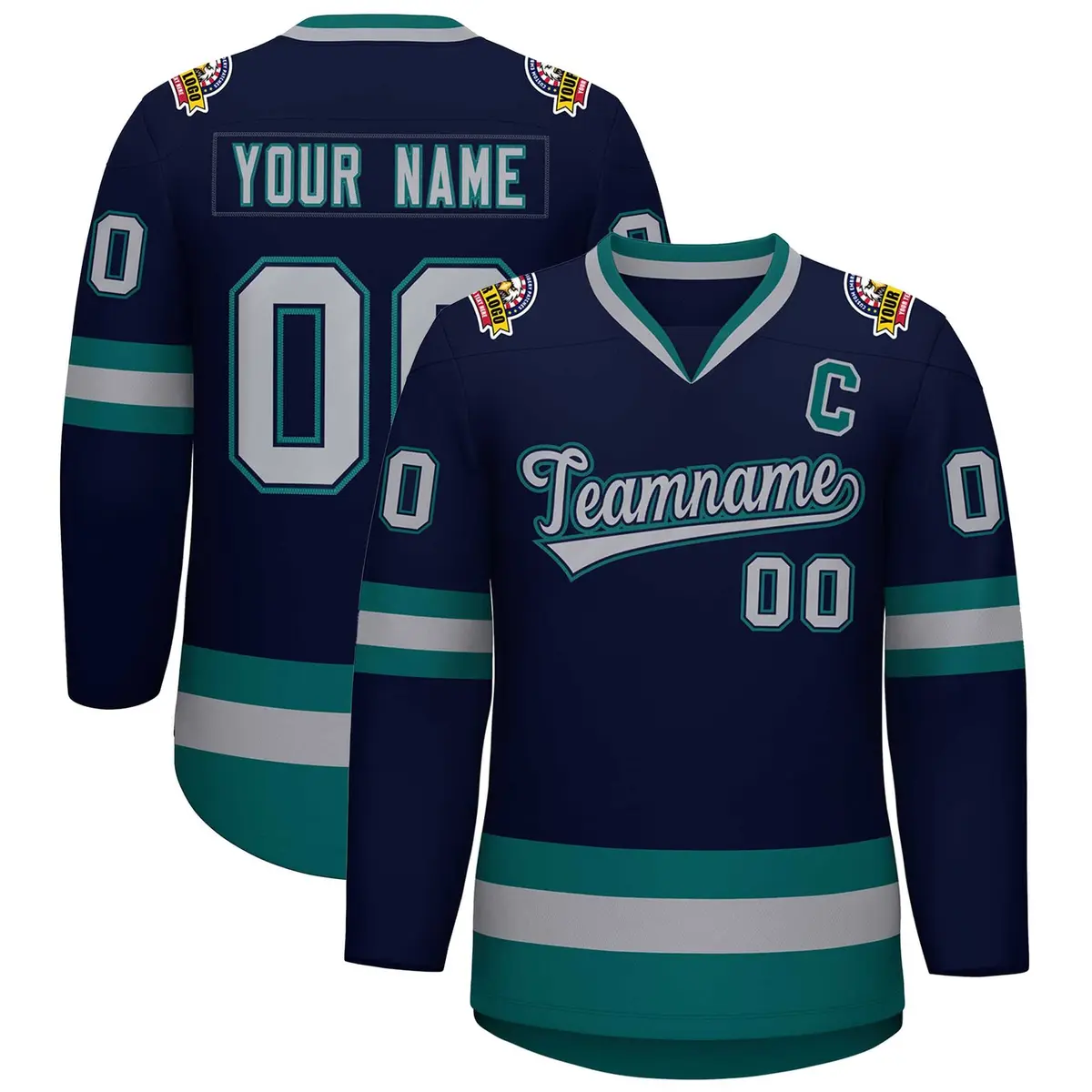 Navy Gray Navy-Aqua Classic Hockey Jersey