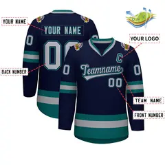 Navy Gray Navy-Aqua Classic Hockey Jersey 2