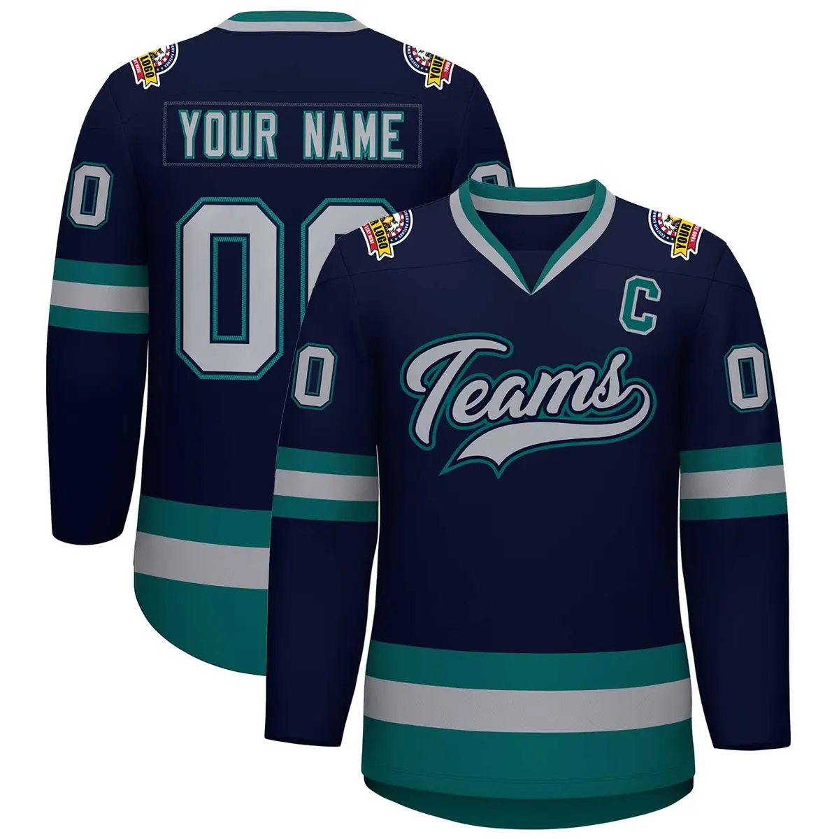 Navy Gray Navy-Aqua Classic Hockey Jersey