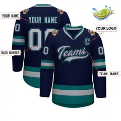 Navy Gray Navy-Aqua Classic Hockey Jersey 2