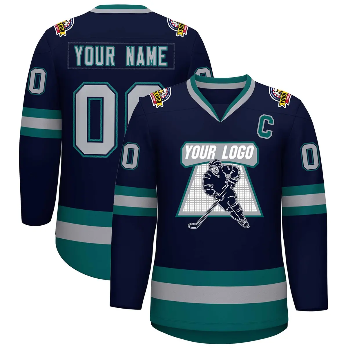 Navy Gray Navy-Aqua Classic Hockey Jersey