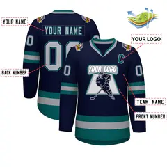 Navy Gray Navy-Aqua Classic Hockey Jersey 2